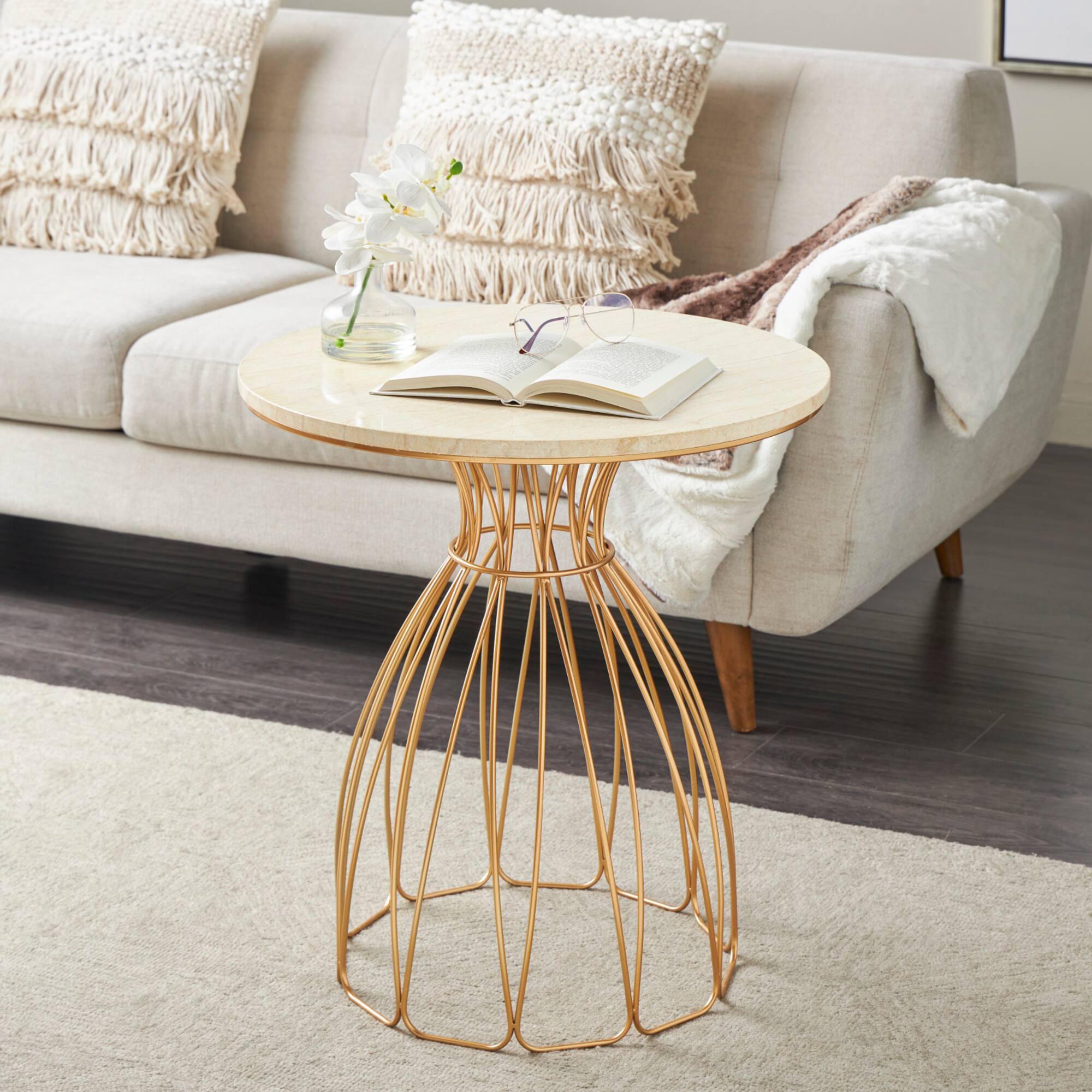 25" Gold Metal Flower Inspired Accent Table with Cream Marble Tabletop